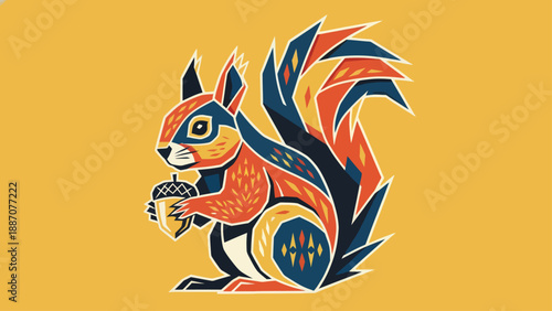 Stylized Geometric Squirrel Holding an Acorn Illustration.