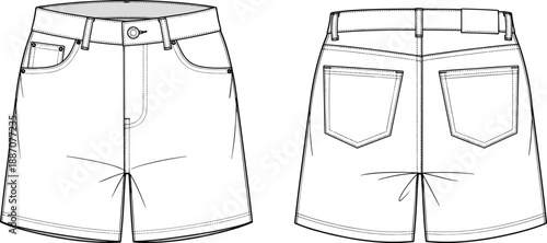 PrintWomen's Denim Shorts Technical Flat Sketch Vector Mockup with Five Pockets Contrast Stitching and Belt Loops Front and Back View Apparel Design Tech Pack Template