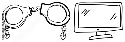 Handcuffs with Crystal Charms and Computer Monitor Vector Illustration