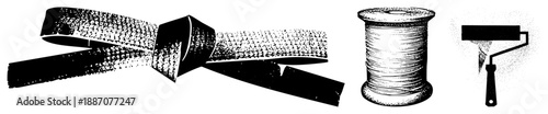 Black and White Vector Illustration of Tape Knot, Thread Spool, and Paint Roller