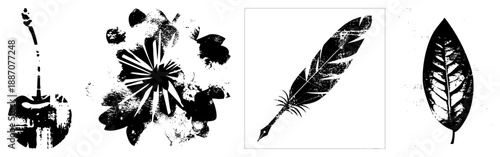 Grunge Styled Guitar, Flower, Feather, and Leaf Silhouettes with Textured Effects