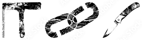 Grungy Black and White of T Square, Chain, and Pocket Knife