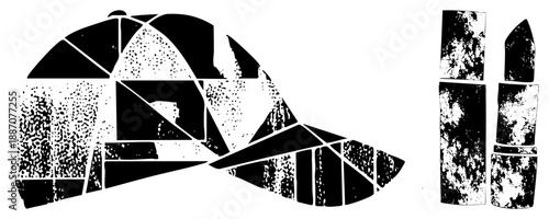 Stylized Baseball Cap and Lipstick with Fragmented Halftone Texture
