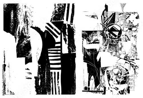 Abstract Black and White Graphic Composition with Textured Halftone Elements