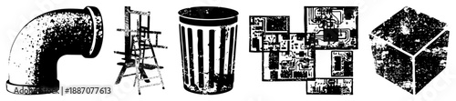 Industrial Pipe Bend, Ladder, Trash Can, Circuit Boards, and Geometric Cube