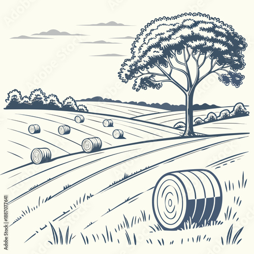 Minimalist vector harvest field with hay bales.
