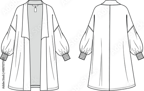 PrintWomen's Longline Open Front Cardigan Technical Flat Sketch Vector Mockup with Bishop Sleeves and Smocked Cuffs Front and Back View Apparel Design Tech Template