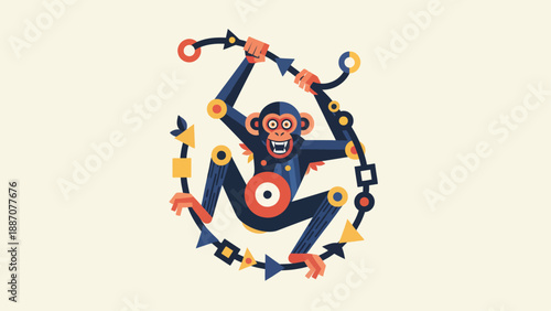 Stylized Monkey Swinging on Abstract Vine with Geometric Shapes.