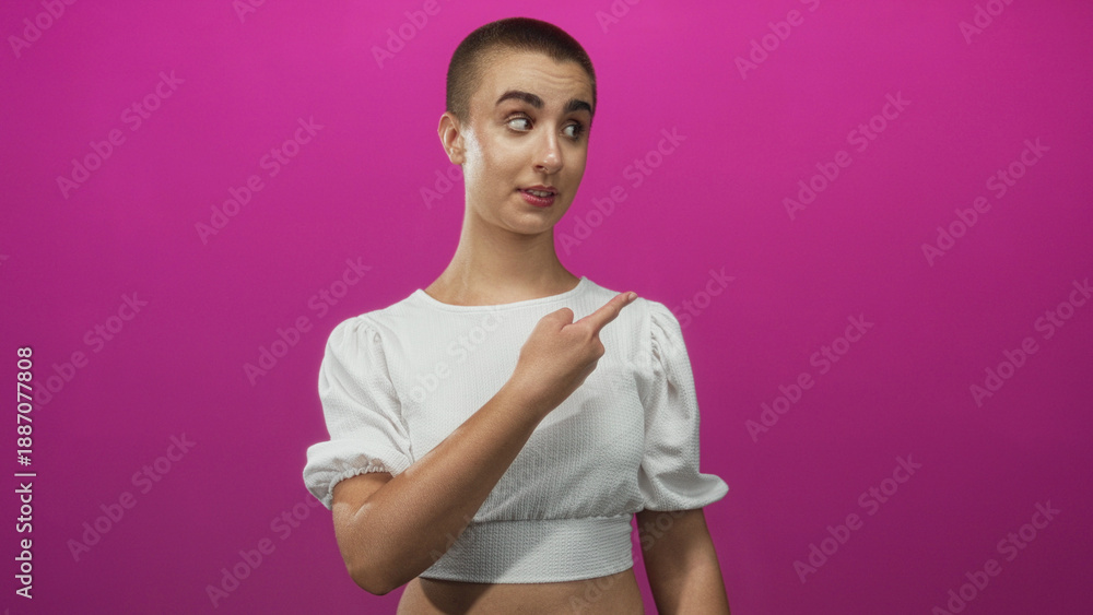 Obraz premium Young woman with short hair in white crop top shows both middle fingers to camera in a pink photo studio, grimacing and shrugging shoulders; defiance attitude.