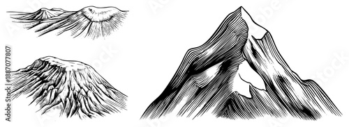 Four Stylized Mountain Ranges in Detailed Art Illustration