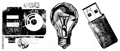 Vintage Camera, Lightbulb, and USB Drive Set in Halftone Style