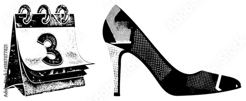 Vintage Calendar Page with Number Three Beside High Heeled Shoe