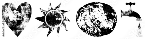 Grunge Textured Heart, Sun, Moon, and Faucet in Vector Set