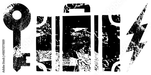 Vintage Key, Suitcase, and Lightning Bolt Glyph with Distressed Texture