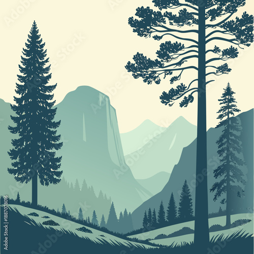 National park scenery with trees and mountains, nature illustration