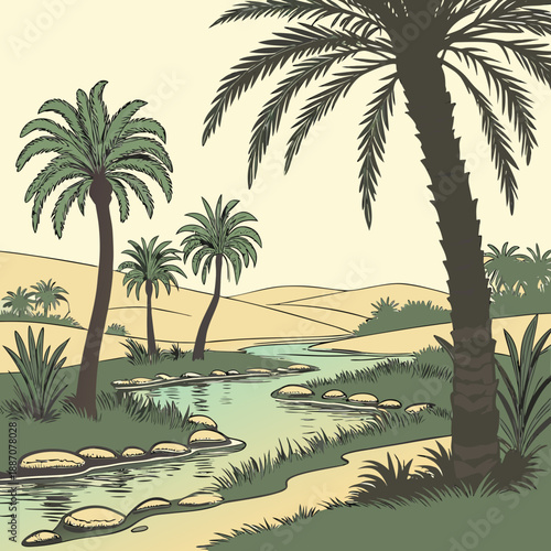 Tropical oasis landscape with palm trees, serene desert scene