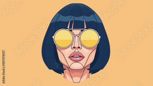 Stylized Portrait of a Woman with Bob Haircut and Yellow Sunglasses.