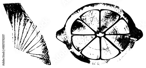 Vintage Style Lemon Slice and Fish Scale Vector Illustration