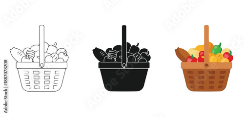 baskets filled with colorful fruits and vegetables Vector Set in Three Styles — Line Art, Silhouette and Color Version for Islamic Design, App UI, Posters and Branding