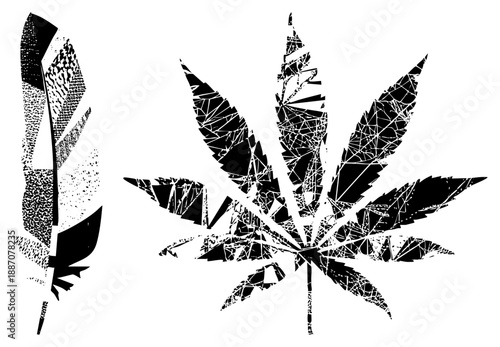 Stylized Feather and Leaf in Fragmented Black and White Vector Design