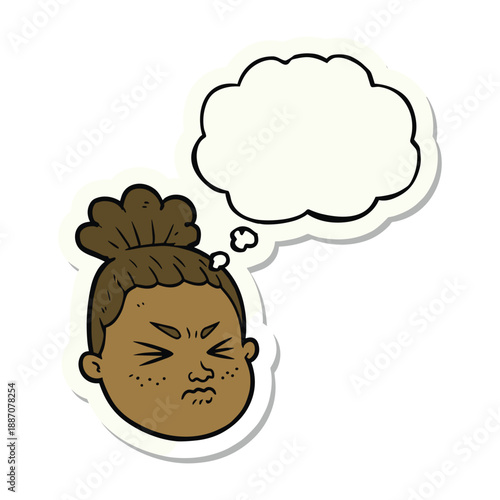 Woman with thought bubble and angry facial expression