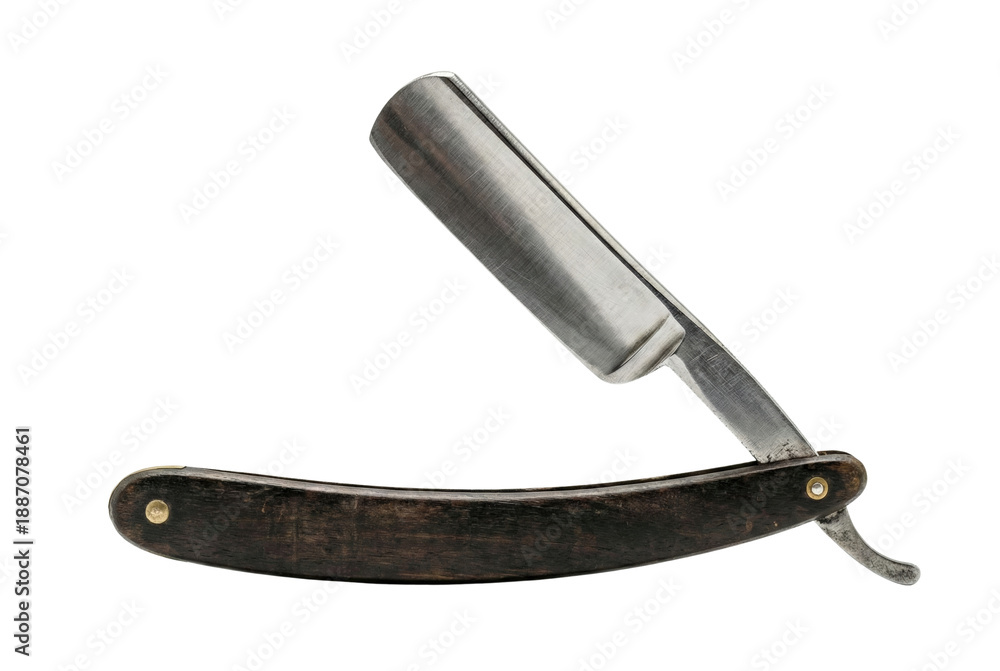 Obraz premium Vintage straight razor with wooden handle and sharp steel blade. Barber tool.