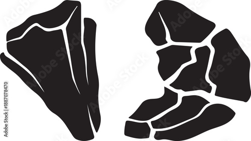 Dynamic abstract vector illustration showcasing two distinct fractured black silhouette elements, ideal for contemporary graphic design, digital art, and creative conceptual backgrounds or overlays