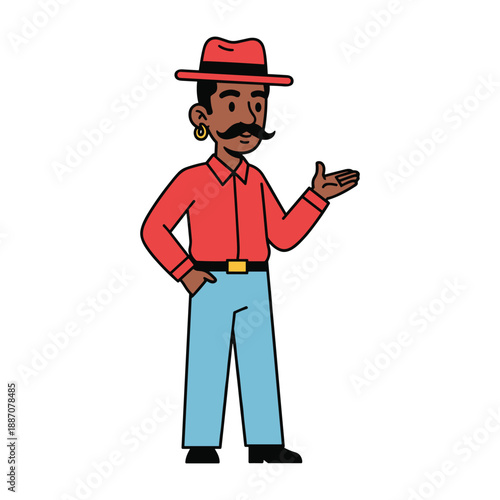 Cartoon man with red hat and mustache gesturing