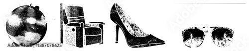 Halftone Disco Ball, Armchair, High Heel, Sunglasses Vector Set