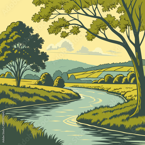 Meandering River Bend Landscape - Natural Vector Art