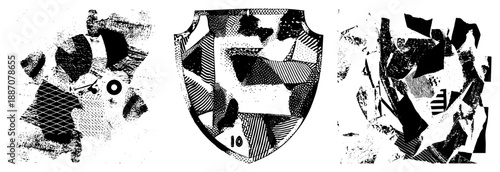 Abstract Geometric Shield and Fragmented Forms in Halftone Vector Art