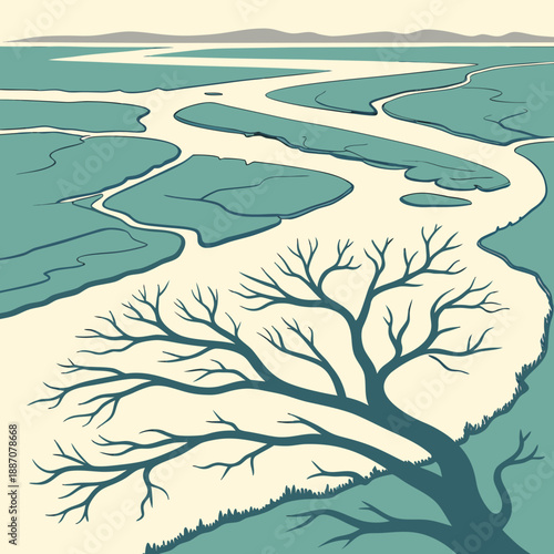 Aerial River Delta Landscape - Flat Vector Illustration