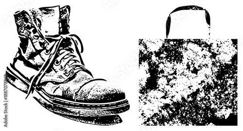 Vintage Lace Up Boot and Textured Tote Bag Vector Illustration