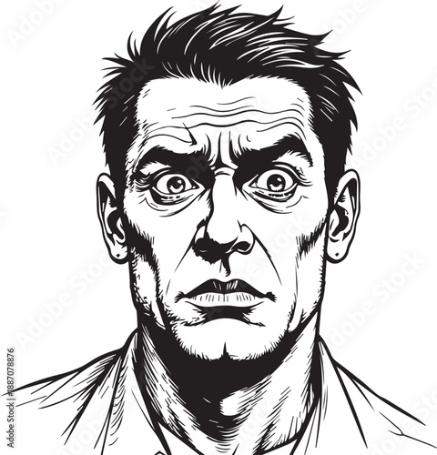 Intense portrait of a man's face, displaying a wide-eyed expression, and lines of concern. An eye-catching illustration of a man with fear.