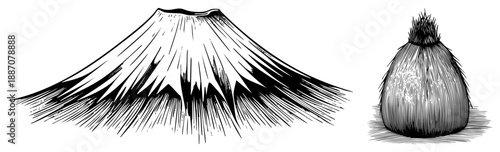 Classic Volcano and Fuzzy Spherical Object in Detailed Art