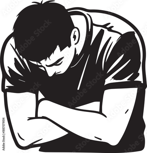 A man expresses introspective solitude, lost in pensive thought or facing personal challenges, with cross arms. 