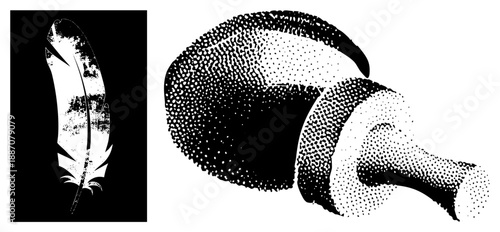 Stylized Feather and Brain in Halftone Dot Vector Art