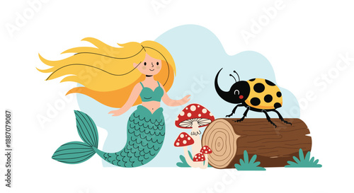 Whimsical illustration of a cute blonde mermaid sitting on the ground next to a log with a giant rhinoceros beetle and mushrooms.
