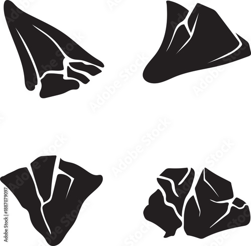 Abstract vector designs, fractured shapes with dark outlines on a white background, symbolizing disruption and deconstruction