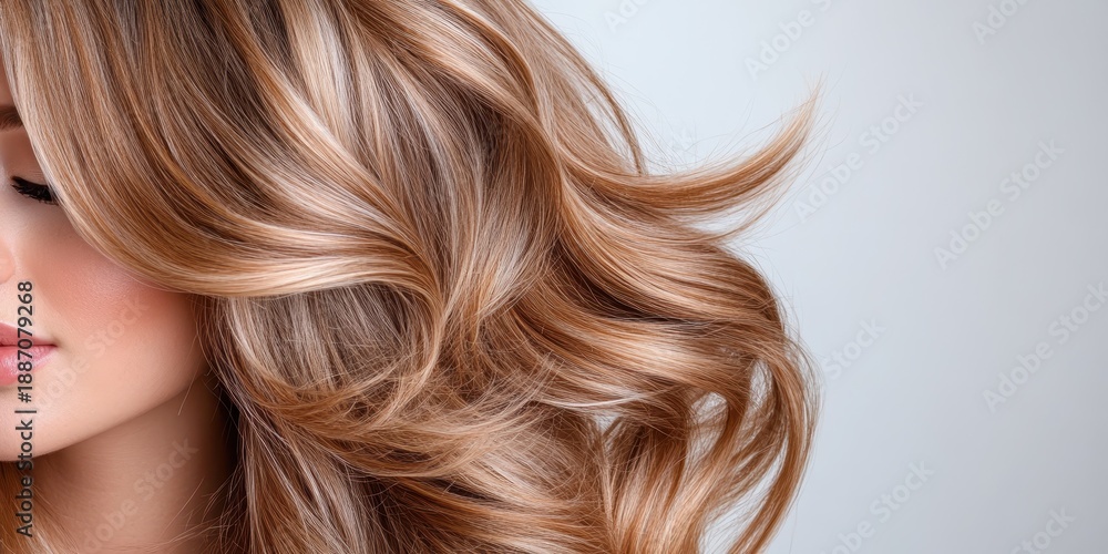 Fototapeta premium Long wavy brown hair flowing gracefully in a bright setting