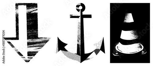 Halftone Vector Featuring Arrow, Anchor, and Traffic Cone