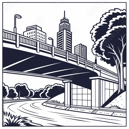 Urban Bridge Over River Clean Vector Illustration