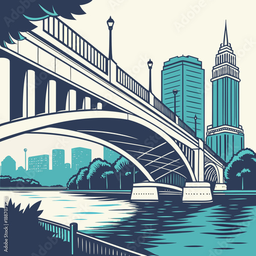 Urban Bridge Over River Clean Vector Illustration