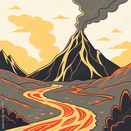 Stylized Volcanic Landscape with Lava Flow - Flat Vector Art
