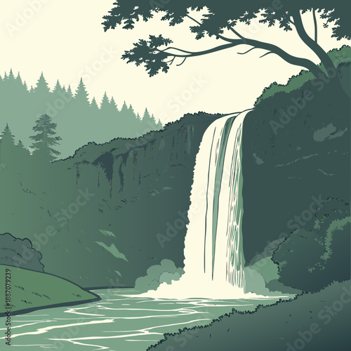 Waterfall Descending from Cliff - Majestic Nature Vector Graphic
