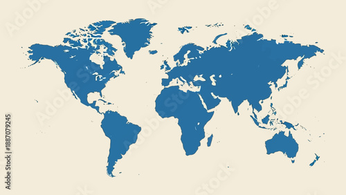 Blue World Map Silhouette on Beige Background