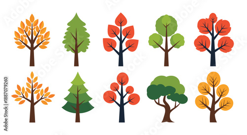 A diverse collection of ten stylized vector trees representing various seasons, including autumn foliage and evergreen pines.