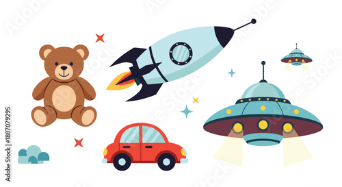 A charming collection of classic children's toys including a teddy bear, a red car, a rocket ship, and a flying saucer UFO.