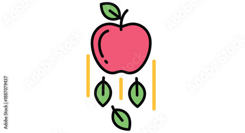 A minimalist icon of a red apple falling with leaves, symbolizing the concept of gravity, discovery, and Newton's famous law.