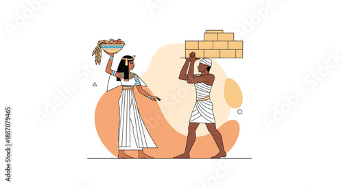 An ancient egyptian style illustration of a noblewoman and a worker carrying goods, depicted with historical clothing and art.
